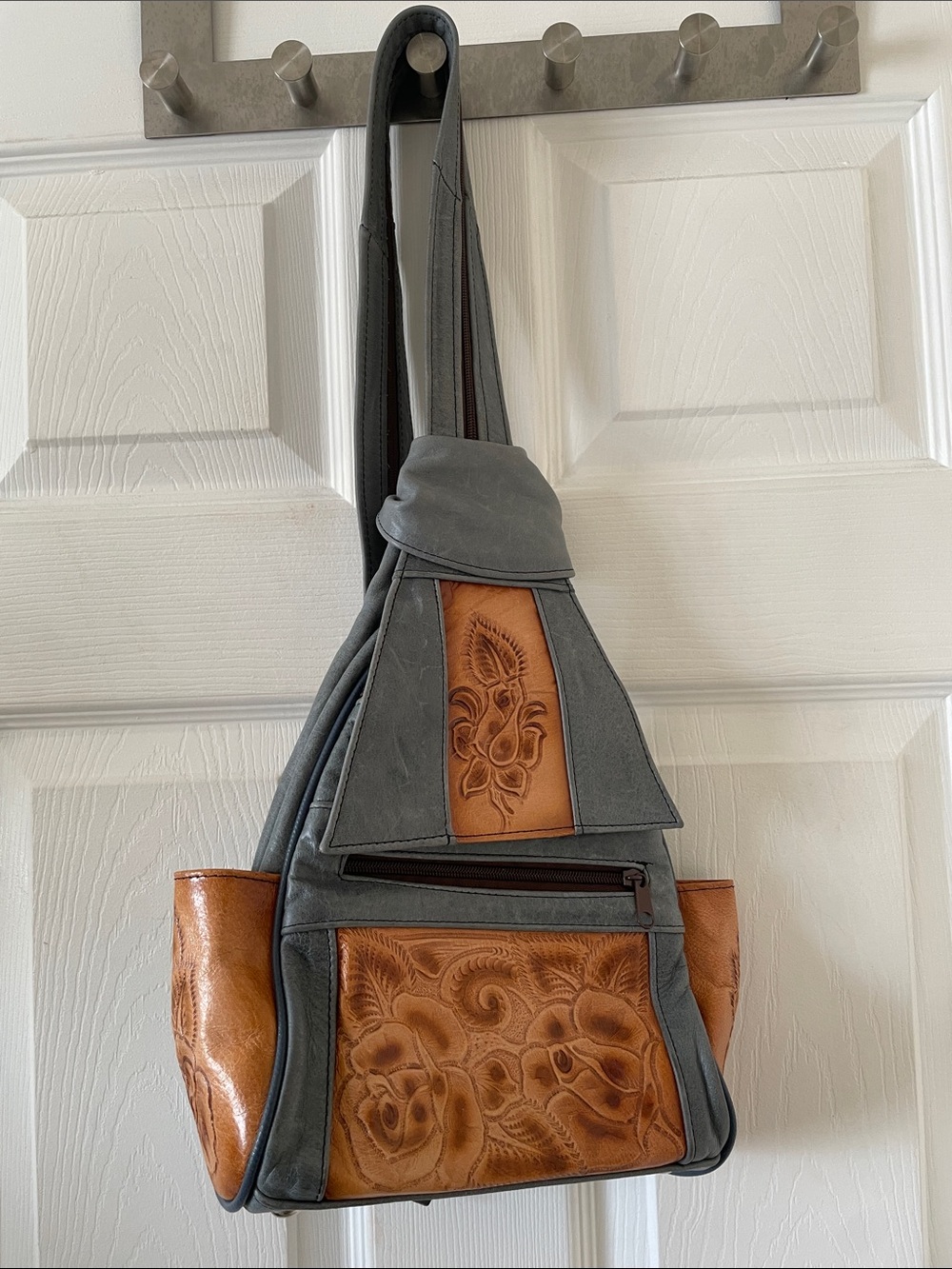 Mexican tooled leather floral grey tan sling backpack bag purse boho vintage